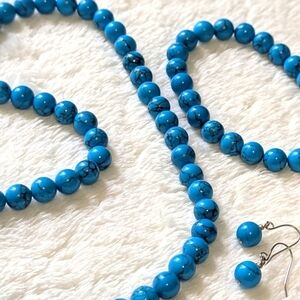 Vintage Blue Howelite Beaded Jewelry Set, Necklace, Bracelet, & Earrings